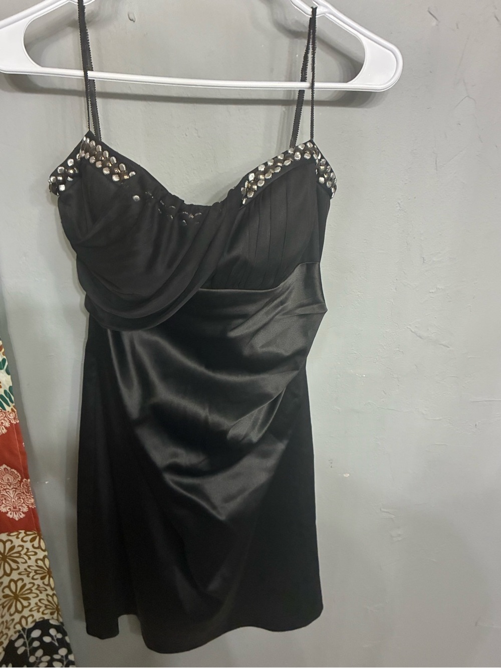 dressbarn Black Satin Mini Dress with Studded Bust